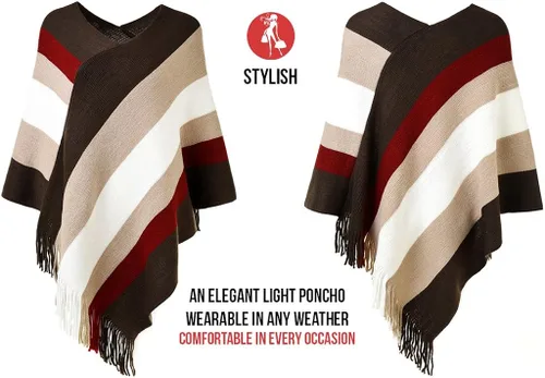 Vista 3 de Ferand - Poncho tejido elegante para mujer con diseño de rayas y extremos con flecos