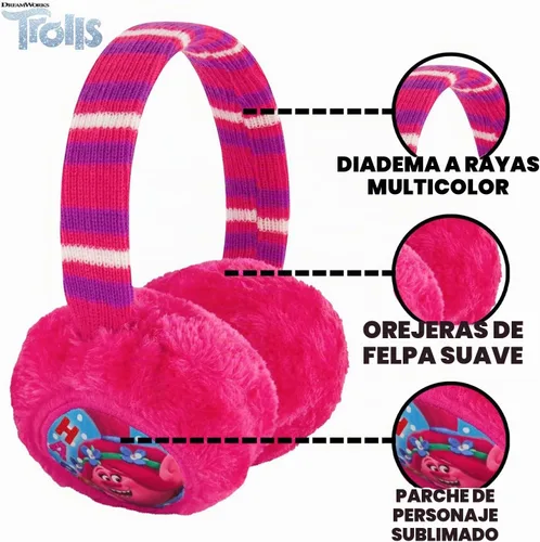 Vista 2 de DREAMWORKS TROLLS Conjunto de gorro de invierno y guantes para niñas, bufanda o orejeras, amapola para edades de 4 a 7 años