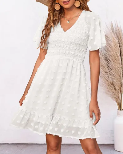 Vista 2 de BTFBM - Vestido de vacaciones en la playa para mujer, cuello en V, manga corta, fruncido, plumetí, casual, con volantes,vestidos cortos
