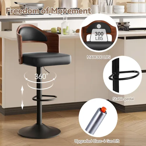 Vista 5 de Juego de 2 taburetes de bar giratorios, taburetes de bar de madera tapizados en cuero PU con respaldo y reposapiés, asiento de altura ajustable