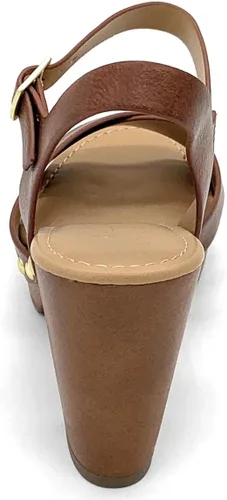 Vista 5 de STYLISH S SHIFT ~ Sandalias de tacón de plataforma para mujer, puntera abierta, correa de tobillo y tacones gruesos Canela