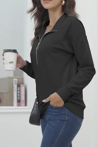 Vista 8 de KINGFEN Sudadera de manga larga con cremallera de un cuarto para mujer