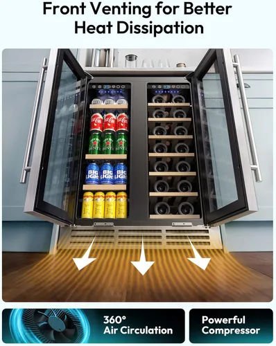Vista 6 de EUHOMY Refrigerador de vino y bebidas, enfriador de vino de doble zona de 24 pulgadas con puerta de vidrio que contiene 21 botellas y 88 latas