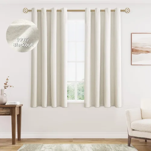 Vista 56 de Beige White Linen Blackout Curtains 90 Length 2 Panels Set for Living Room Bedroom, 100% Black Out Thermal Insulated Linen Drapes, Room Darkening