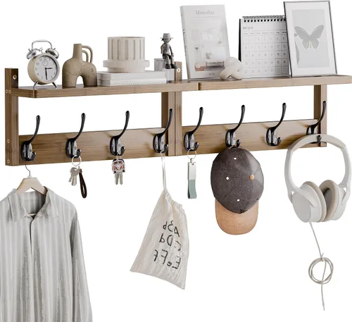 Vista 10 de STELLSTAR Perchero con estante, paquete de 2 perchas de bambú para montar en la pared con 8 ganchos para entrada, pasillo, cocina, baño, sala