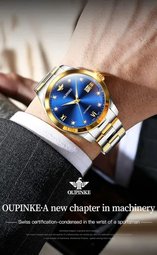 Vista 2 de OUPINKE Relojes mecánicos originales para hombres de lujo dorado con diamantes reales de zafiro de cristal números romanos vestido de negocios
