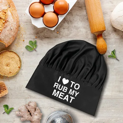 Vista 2 de I Love to Rub My Meat, divertido sombrero de chef, sombreros de chef de barbacoa, sombrero de cocina ajustable para hombres y mujeres, regalo
