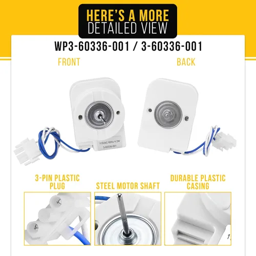 Vista 3 de WP3-60336-001 Motor del ventilador del evaporador Whirlpool 3-60336-001 AP6007509 PS11740626 EVL209NBTQ00 MQU1556AEW MQF1656TEW00 EV201NXMQ0505 MQF1