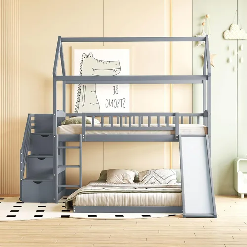 Vista 3 de Harper & Bright Designs Litera de madera maciza con tobogán, cama individual sobre cama matrimonial con escaleras de almacenamiento, litera