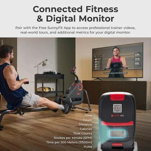 Vista 4 de Sunny Health & Fitness Smart Magnetic Rowing Machine, Full-Body Workout