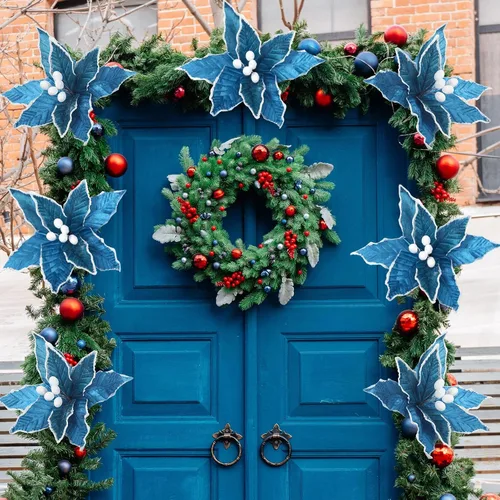 Vista 7 de Zeyune 6 Piezas Flores de Pascua Azules de Navidad Artificiales Grandes Espinas de Pascua Falsas Flores de Franela con Borde Helado para Adornos