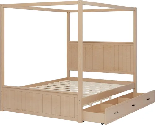 Vista 4 de Moderna plataforma de cama con dosel con dosel, tamaño Queen con cabecera de canal, plataforma de diseño de dosel de madera maciza con nido y 3