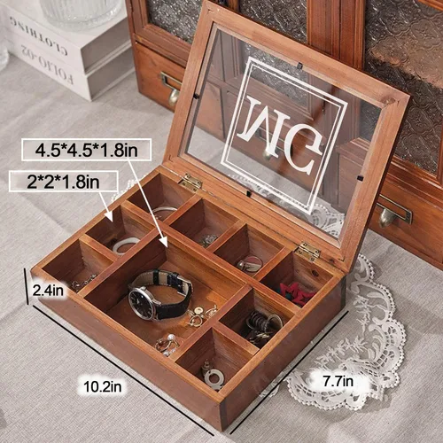 Vista 4 de Joyero organizador de madera personalizado para hombres, regalos personalizados para papá, marido, abuelo, novio, caja de almacenamiento de joyas