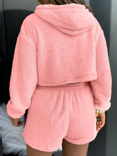 Vista 5 de Fazortev Conjunto de 2 piezas mullido para mujer, sudadera con capucha y cintura alta, pantalones cortos con cordón