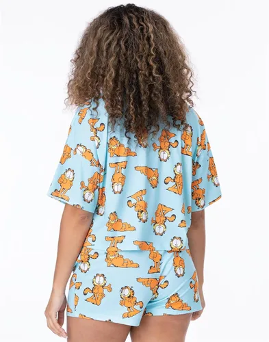 Vista 5 de Garfield Pijama para mujer Camiseta corta para mujer adulta con pantalones cortos y pantalones cortos, pijama azul con estampado de gato de dibujos