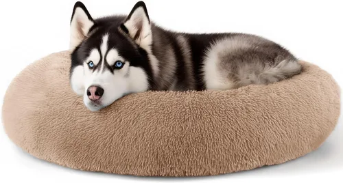 Vista 33 de Hoewina - Cama redonda, calmante, en forma de rosquilla, lavable, esponjosa para interiores, perros y gatos pequeños y medianos, negro, 20 pulgadas