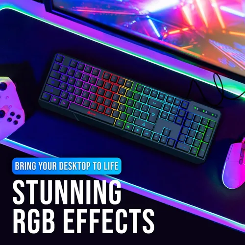 Vista 7 de KLIM Chroma - Teclado USB RGB para juegos, teclado de computadora con cable para PC, membrana, resistente al agua, duradero, respuesta de 2 ms