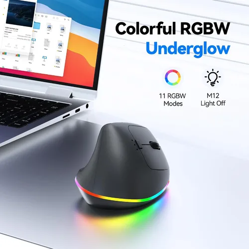 Vista 8 de TECKNET Ratón ergonómico inalámbrico recargable RGB – USB + Bluetooth Multi-dispositivo LED Vertical Mouse con 11 modos de retroiluminación RGB