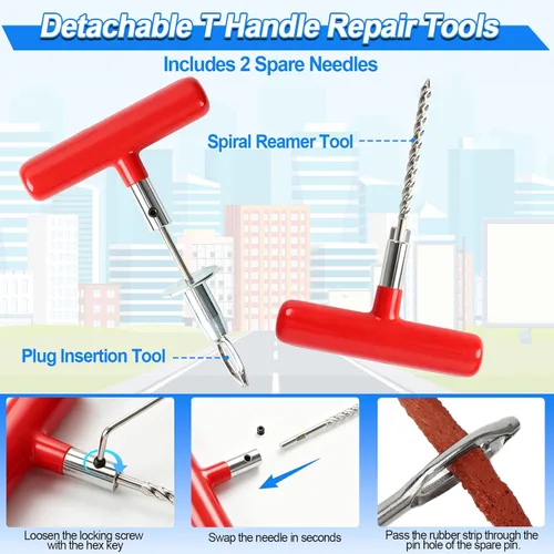 Vista 4 de Kit de tapones para neumáticos, kit de reparación de neumáticos sin cámara de 130 piezas con herramientas de mango en T de metal resistente, tiras