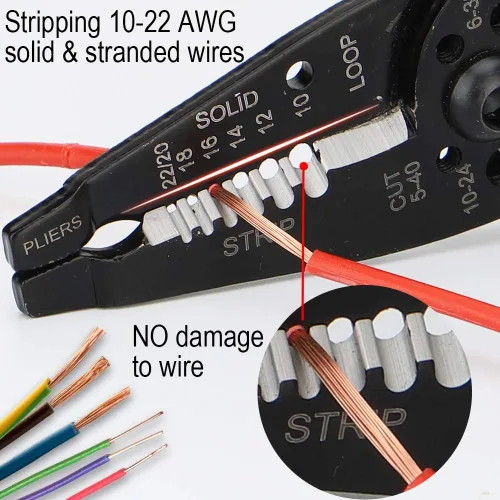Vista 3 de DOWELL Herramienta de pelado de cables, pelacables, engarzadora, cortador multifunción de 8 pulgadas 10-22AWG