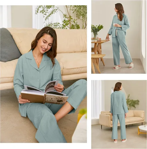 Vista 4 de Ekouaer Conjunto de pijama de dos piezas para mujer de lino y algodón con botones de manga larga con bolsillo S-XXL