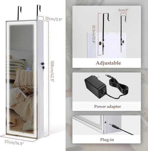 Vista 6 de Tektalk Joyero Armario con 3 Lámparas de Espejo Ranurado, Espejo de Cuerpo Entero, Joyero Organizador Montado en Pared/Puerta con Luces LED