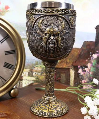 Vista 6 de Ebros Mitología nórdica Viking Alfather Odin God Of Asgard 7oz resina vino cáliz cáliz con forro de acero inoxidable regla asgardiana Thor Loki