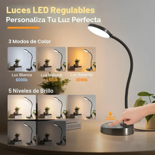 Vista 2 de Lámpara de escritorio LED de 15W con puertos de carga USB – Lámpara de mesa regulable con 3 temperaturas de color, 5 niveles de brillo, 4