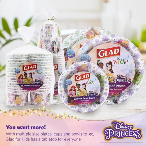 Vista 6 de Glad para Niños Platos de Papel Desechables de Princesas Disney, Marcos Florales - Resistente, A Prueba de Absorción, Apto para Microondas, Platos