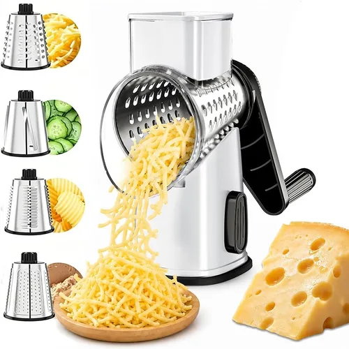 Vista 9 de VEKAYA Rallador de Queso, Rallador de Queso con Manivela Manual, Rallador de Queso con 4 Cuchillas Intercambiables, Rebanador de Verduras, Base