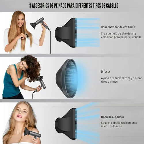 Vista 3 de slopehill Secador de pelo con motor único sin escobillas Diagnóstico inteligente de fallas Microfiltro innovador Tecnología Oxy Active Gris