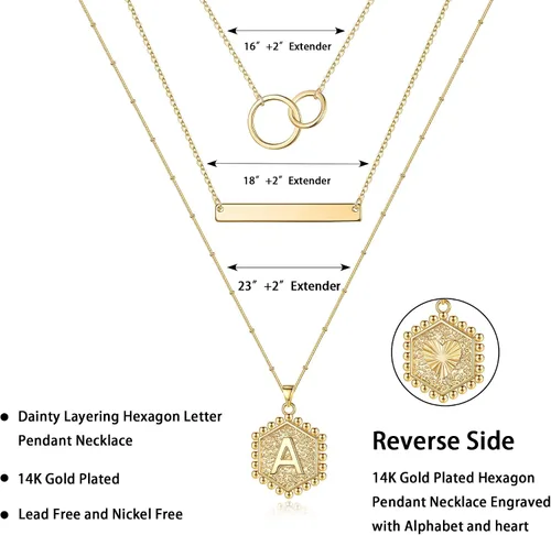 Vista 5 de Collares con iniciales en capas para mujer, collar de barra chapado en oro de 14 quilates, collar con dije de letra hexagonal en capas delicadas
