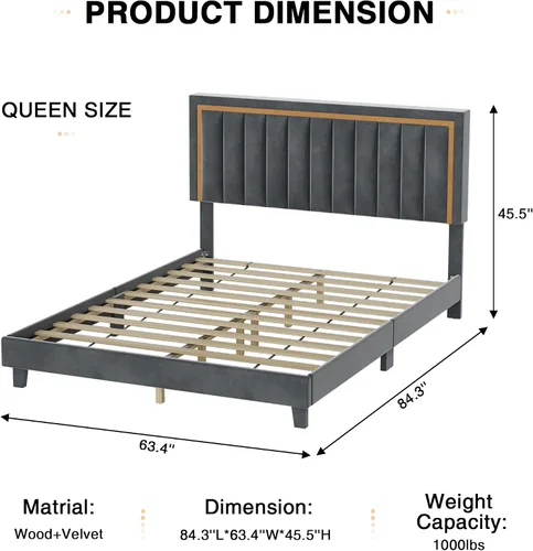 Vista 2 de Cama de plataforma tapizada de terciopelo tamaño Queen con diseño de ribete dorado, diseño sin ruido, base resistente con listones de madera, no Gris