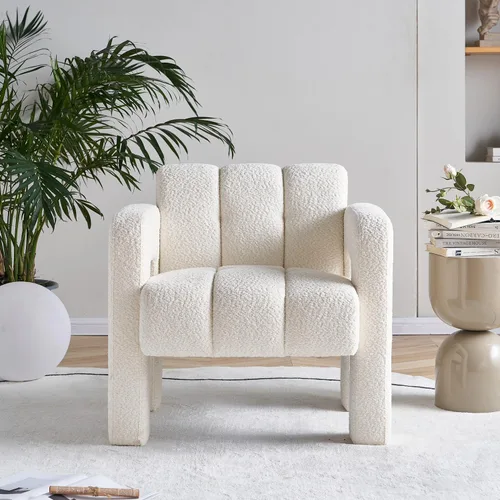 Vista 3 de Silla decorativa para sala de estar, moderna y cómoda silla de lectura para dormitorio, silla lateral tapizada de tela de boucle para sala de estar