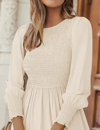 Vista 5 de ZESICA Vestido midi casual de manga larga con cuello redondo, cintura alta, fruncido, fluido y escalonado para mujer