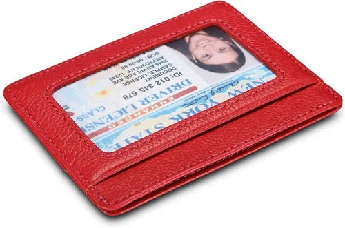 Vista 2 de Tarjetero para tarjetas de crédito, de cuero, delgada, minimalista, con bloqueo de RFID, talla única , rojo (Red With Id Window)