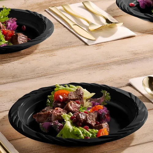 Vista 6 de Munfix Juego de 200 Platos de Plástico Negro - Paquete a Granel de 200 Platos de Cena Desechables de 9 Pulgadas para Fiestas, Barbacoas, Picnics