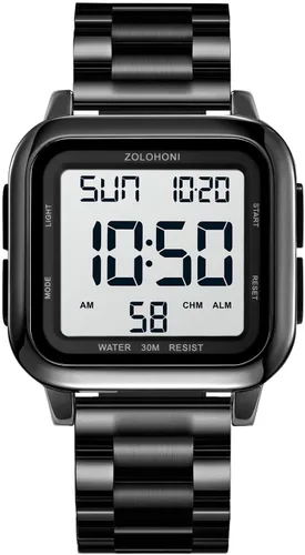 Vista 9 de Reloj digital zolohoni para hombre, relojes de acero inoxidable cuadrados, relojes de pulsera para hombre impermeables de cara grande con hora dual