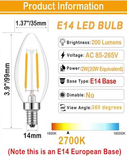Vista 3 de Bombilla Edison de filamento LED de base europea E14, 2 W, blanco cálido, 2700 K, no regulable (paquete de 4)