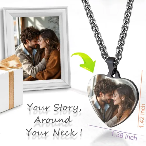 Vista 3 de Collar con Foto Personalizada, Collar Personalizado para Hombres, Collar Grabado Personalizado con Foto y Texto, Regalos Conmemorativos