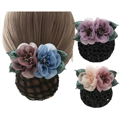 Vista 4 de Paquete de 3 pinzas para el pelo de flores de seda para mujer, cubierta de moño para el cabello, pasadores de red de red de encaje con lazo