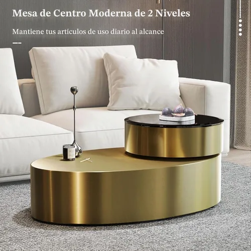 Vista 6 de Mesa auxiliar giratoria ovalada dorada, mesa central de lujo moderna de 2 niveles con parte superior redonda giratoria de 360°, mesa de té con base