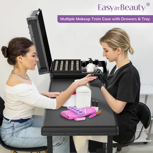 Vista 7 de EASYINBEAUTY Mesa de manicura portátil con 3 cajones, organizador de espejo y esmalte de uñas, estuche de maquillaje con cerradura con escritorio