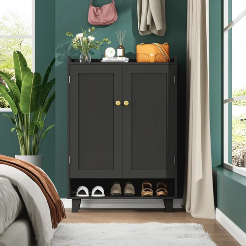 Vista 6 de Zapatero de estante plano con puertas, armario de almacenamiento de zapatos de 6 niveles con estantes ajustables, zapatero de madera para zapatos