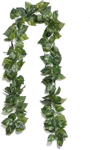 Vista 7 de Efavormart - Guirnalda de hiedra artificial de Pothos con protección UV, 8 pies, color verde oscuro, hojas de seda realistas para valla