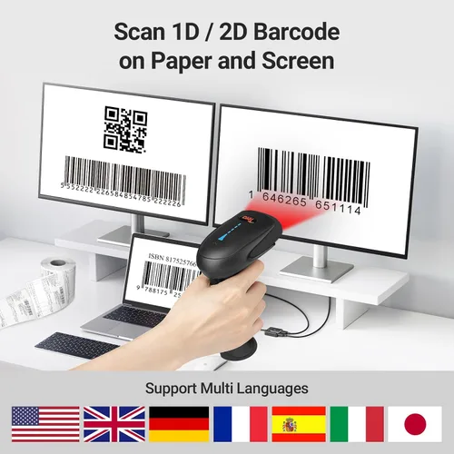 Vista 6 de Tera Escáner de código de barras inalámbrico 1D 2D QR con soporte: indicador de nivel de batería 3 en 1 funciona con Bluetooth 2.4G inalámbrico USB