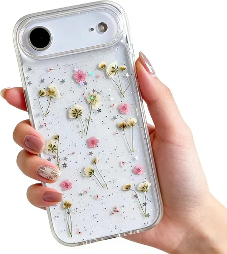 Vista 13 de Funda floral para iPhone 17 con flores reales prensadas, bonito diseño de flores secas prensadas transparentes con purpurina para mujer, suave TPU