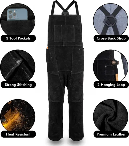 Vista 2 de Delantal de soldadura de cuero con pierna dividida para hombres y mujeres, pantalones de soldadura de cuero de vaca resistente, delantal de forja