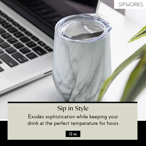 Vista 2 de Sipworks Vaso de vino con tapa, vaso de vino aislado de acero inoxidable de 12 onzas, portátil, resistente a derrames, sin tallo, copa de vino