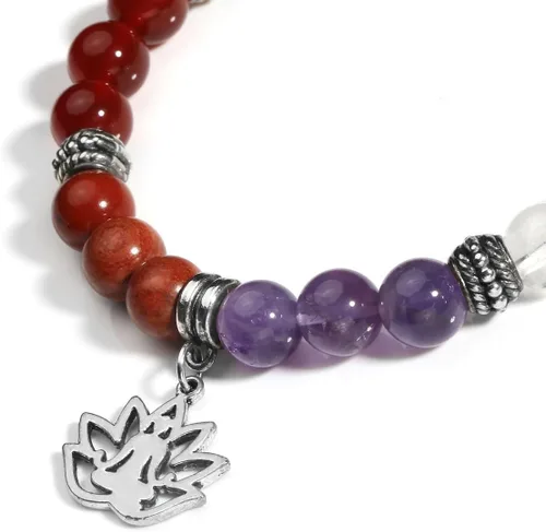 Vista 10 de Eigso Pulsera elástica de piedra de cristal de meditación curativa de 7 chakras para mujer con símbolo de loto, yoga, árbol, OM